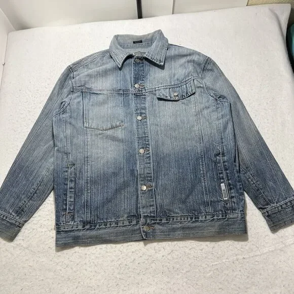 GB Black Label Men's Large Denim Jean Jacket Light Blue Distressed Metal Buttons - Picture 1 of 12